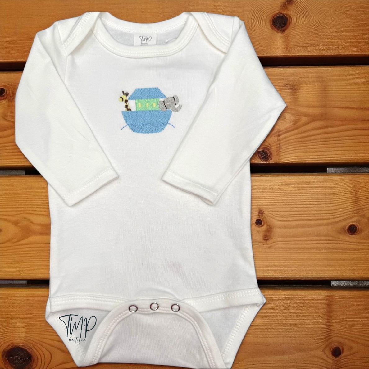 Embroidered Noah's Ark Baby Bodysuit: Personalized Coming Home Outfit