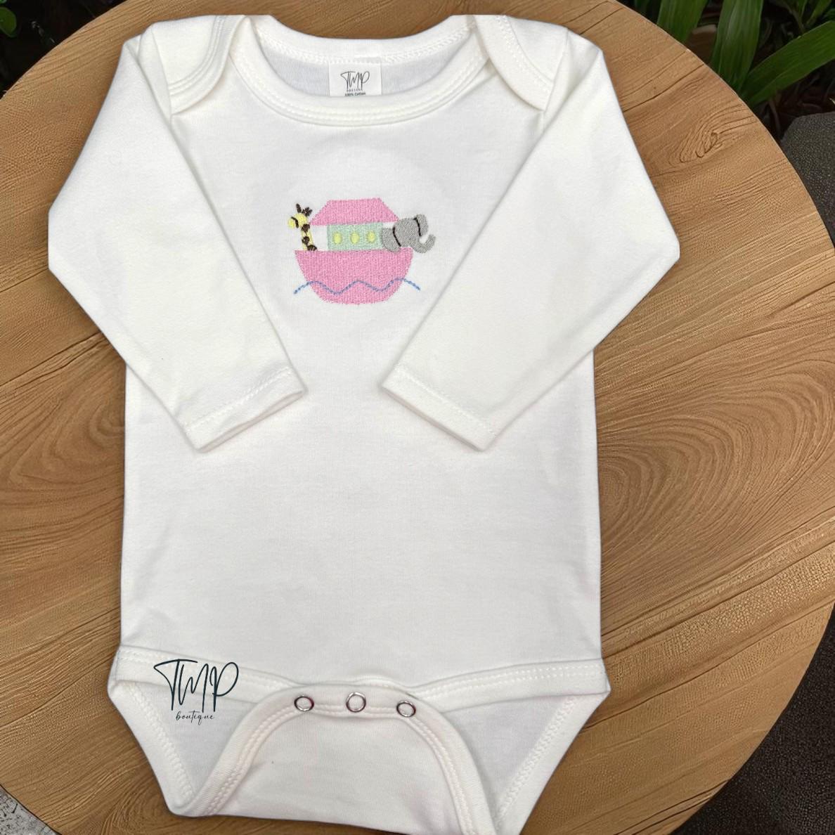 Embroidered Noah's Ark Baby Bodysuit, Personalized Cotton, Long Sleeve