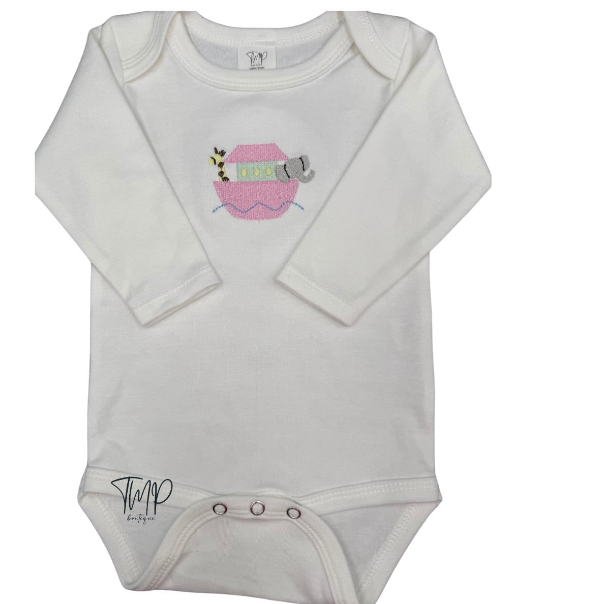 Embroidered Noah's Ark Baby Bodysuit, Personalized Cotton, Long Sleeve