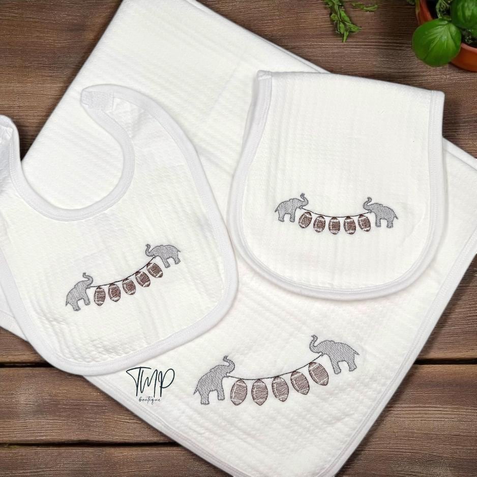 Personalized Elephant Football Baby Set: Blanket, Bib & Burp Pad
