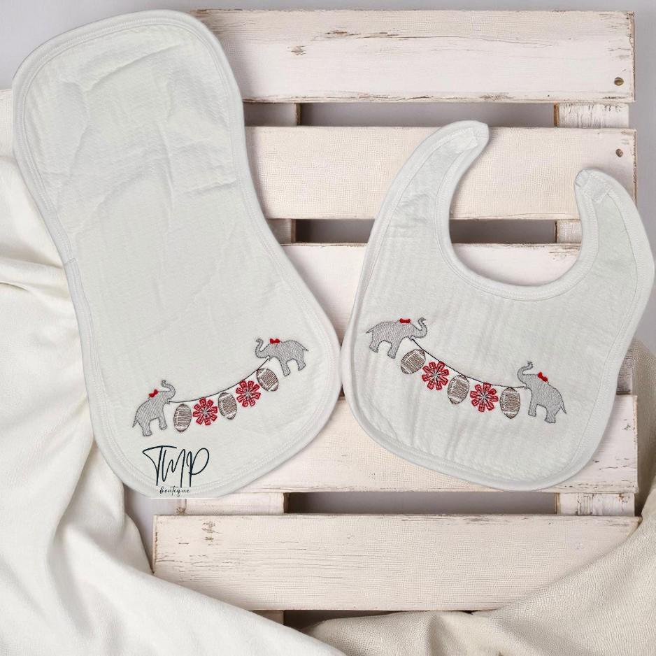 Personalized Elephant Football Baby Set: Crimson & Gray Blanket, Bib, Burp Cloth