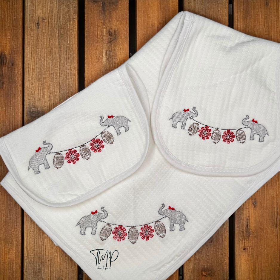 Personalized Elephant Football Baby Set: Crimson & Gray Blanket, Bib, Burp Cloth