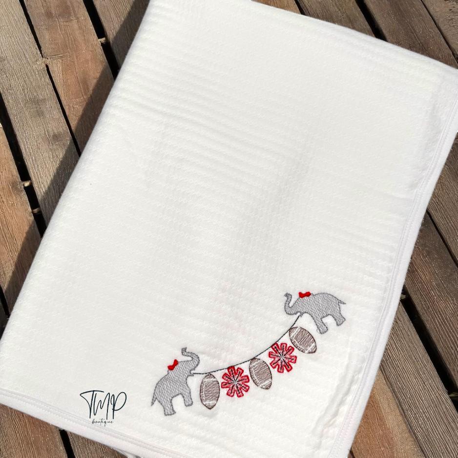 Personalized Elephant Football Baby Set: Crimson & Gray Blanket, Bib, Burp Cloth