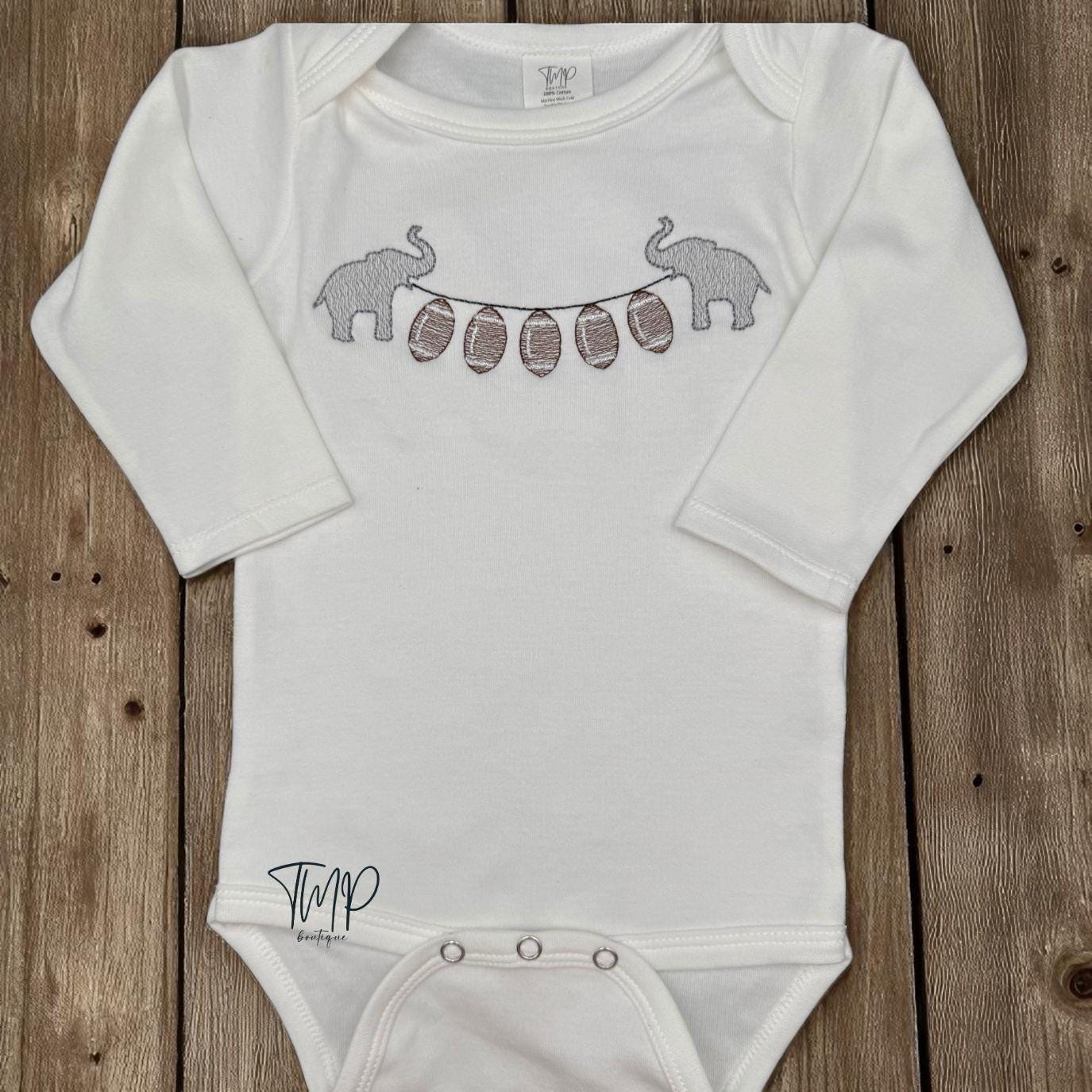 Embroidered Elephant Football Bodysuit: Game Day Outfit, Long Sleeve Cotton