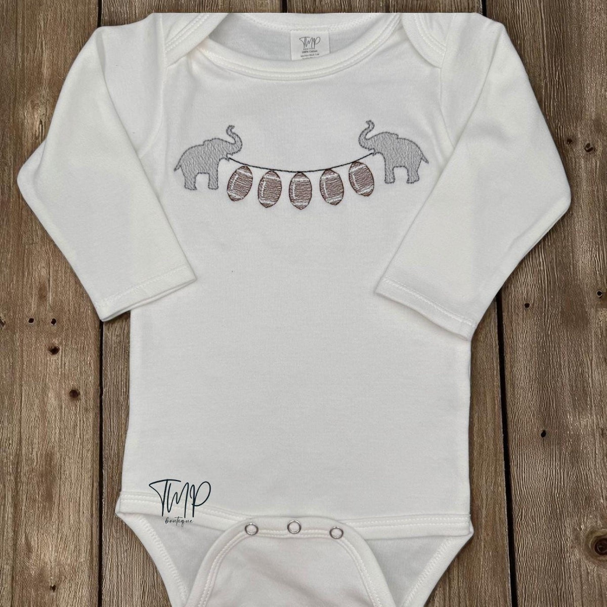 Elephant Football Baby Bodysuit, Embroidered Game Day Baby Boy Outfit, Long Sleeve Football Romper, Tailgate Baby Gift