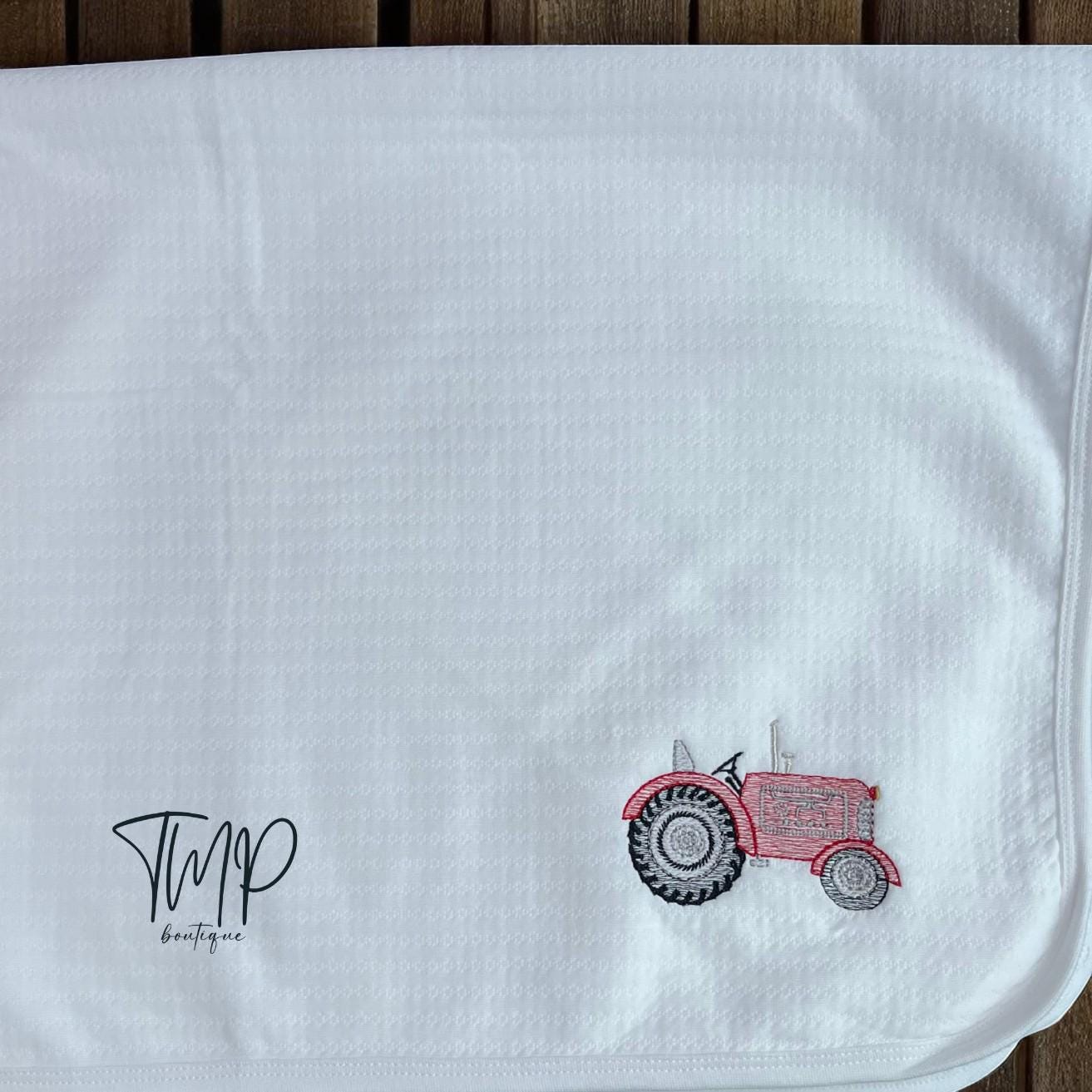Embroidered Red Tractor Baby Blanket Set: Jacquard Cotton Farm Gift