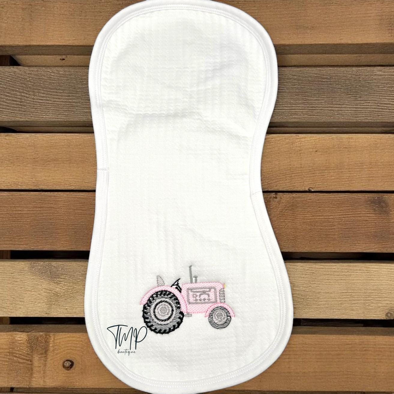 Personalized Pink Tractor Baby Blanket Set: Embroidered Farm Gift