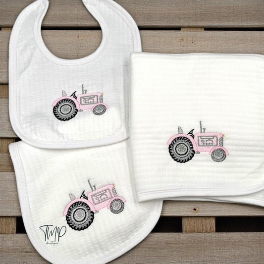 Personalized Pink Tractor Baby Blanket Set: Embroidered Farm Gift
