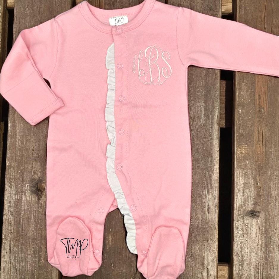 Monogrammed Baby Girl Footie: Pink Ruffle Romper, Newborn Outfit