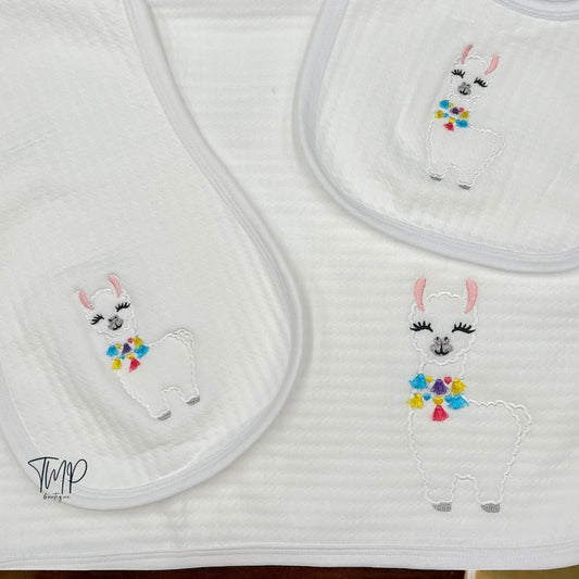 Embroidered Llama Baby Blanket Set, Jacquard Cotton, Personalized Gift