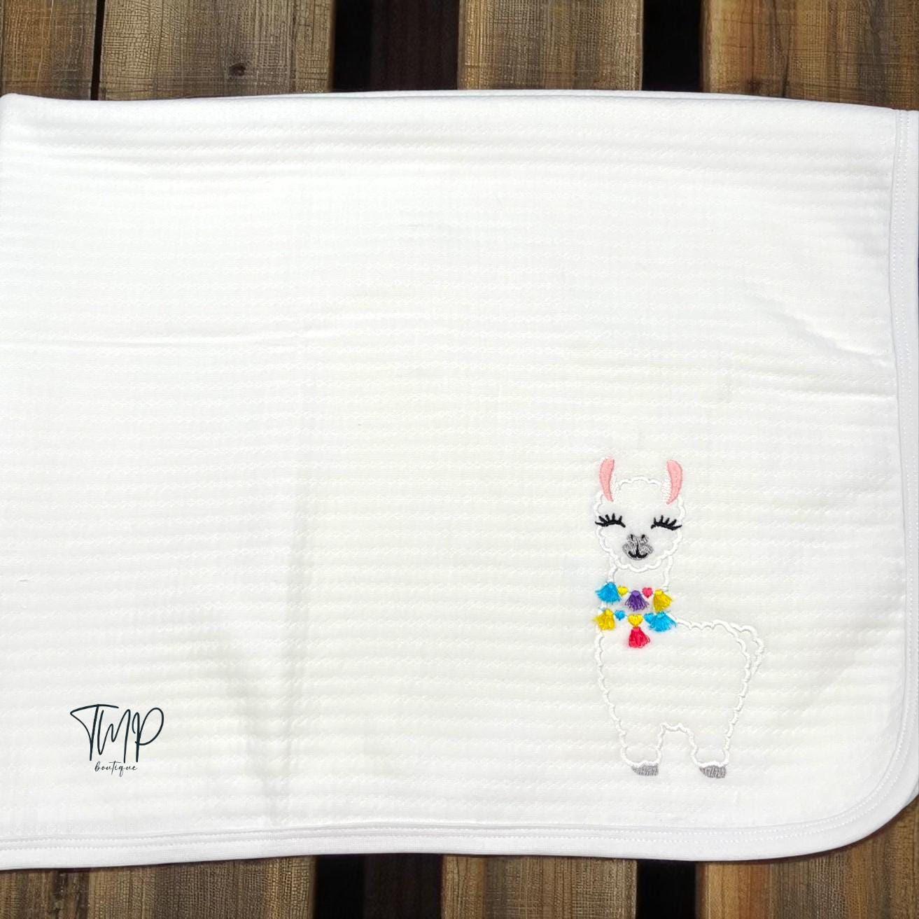 Embroidered Llama Baby Blanket Set, Jacquard Cotton, Personalized Gift