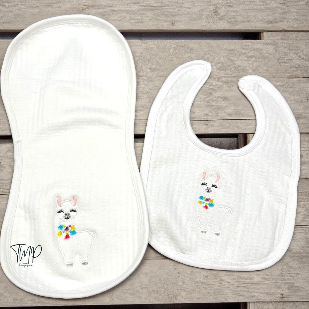 Embroidered Llama Baby Blanket Set, Jacquard Cotton, Personalized Gift