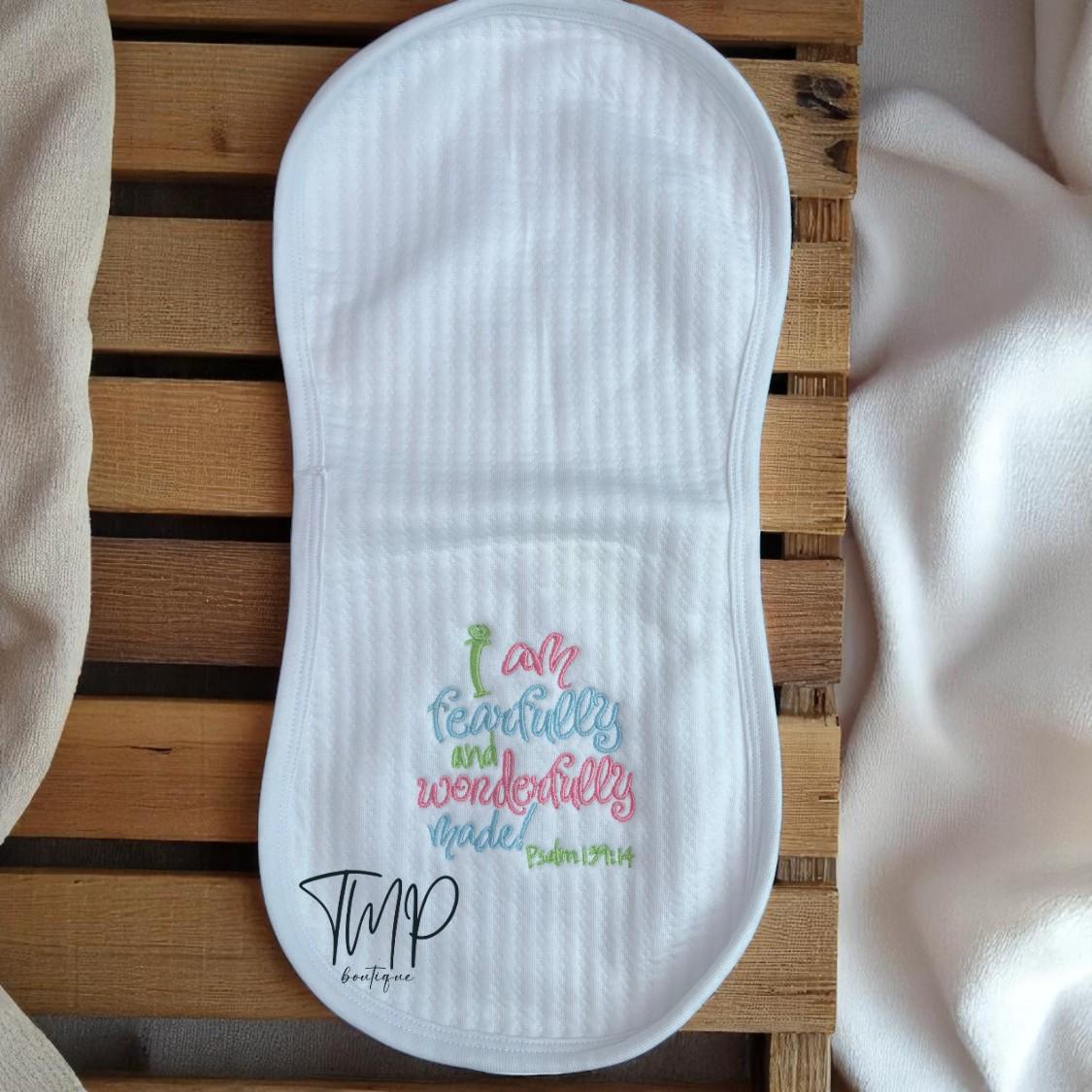 Embroidered Baby Blanket Set, Personalized Bib and Burp Cloth, Psalm 139:14