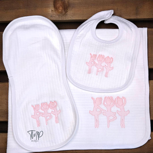Embroidered Ballerina Baby Set, Cotton Blanket, Bib and Burp Cloth