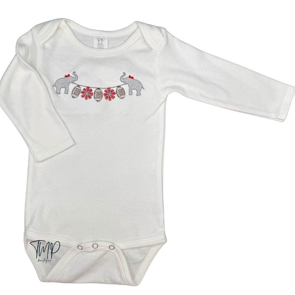 Embroidered Elephant Football Bodysuit: Game Day Outfit, Long Sleeve