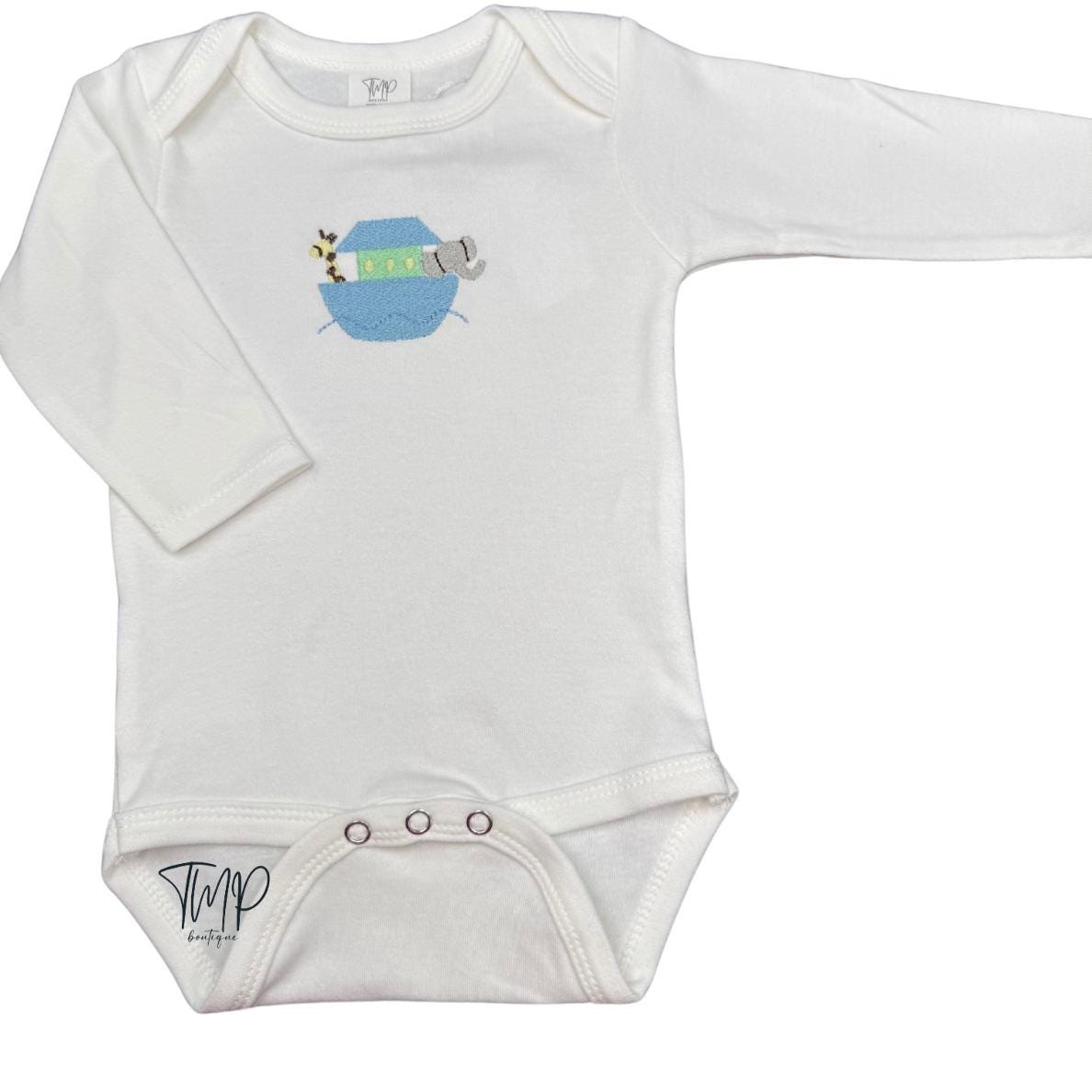 Embroidered Noah's Ark Baby Bodysuit: Personalized Coming Home Outfit