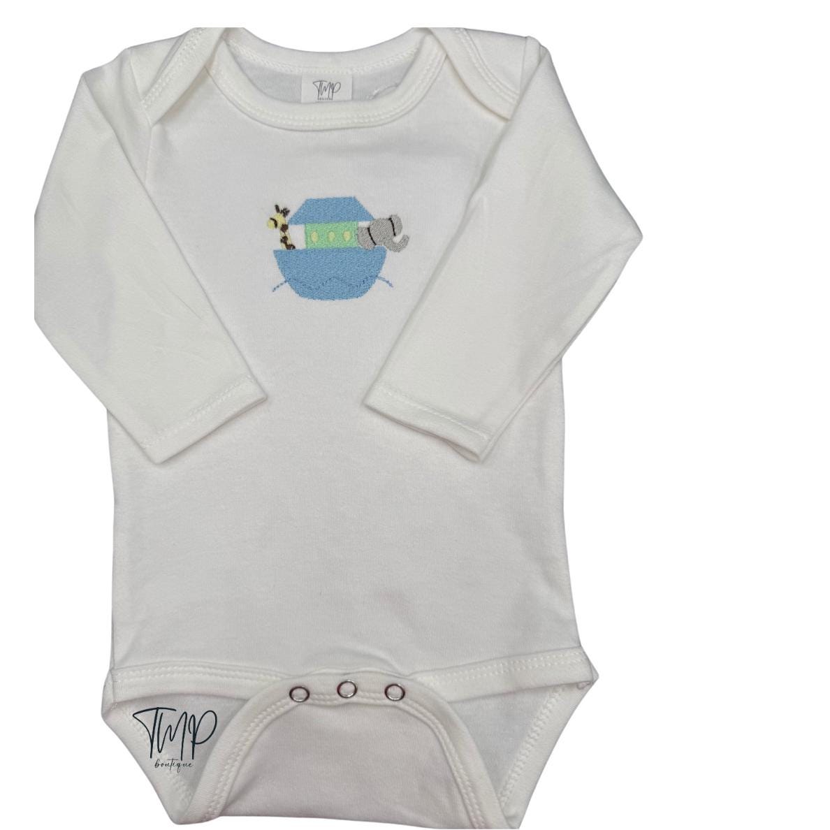 Embroidered Noah's Ark Baby Bodysuit: Personalized Coming Home Outfit