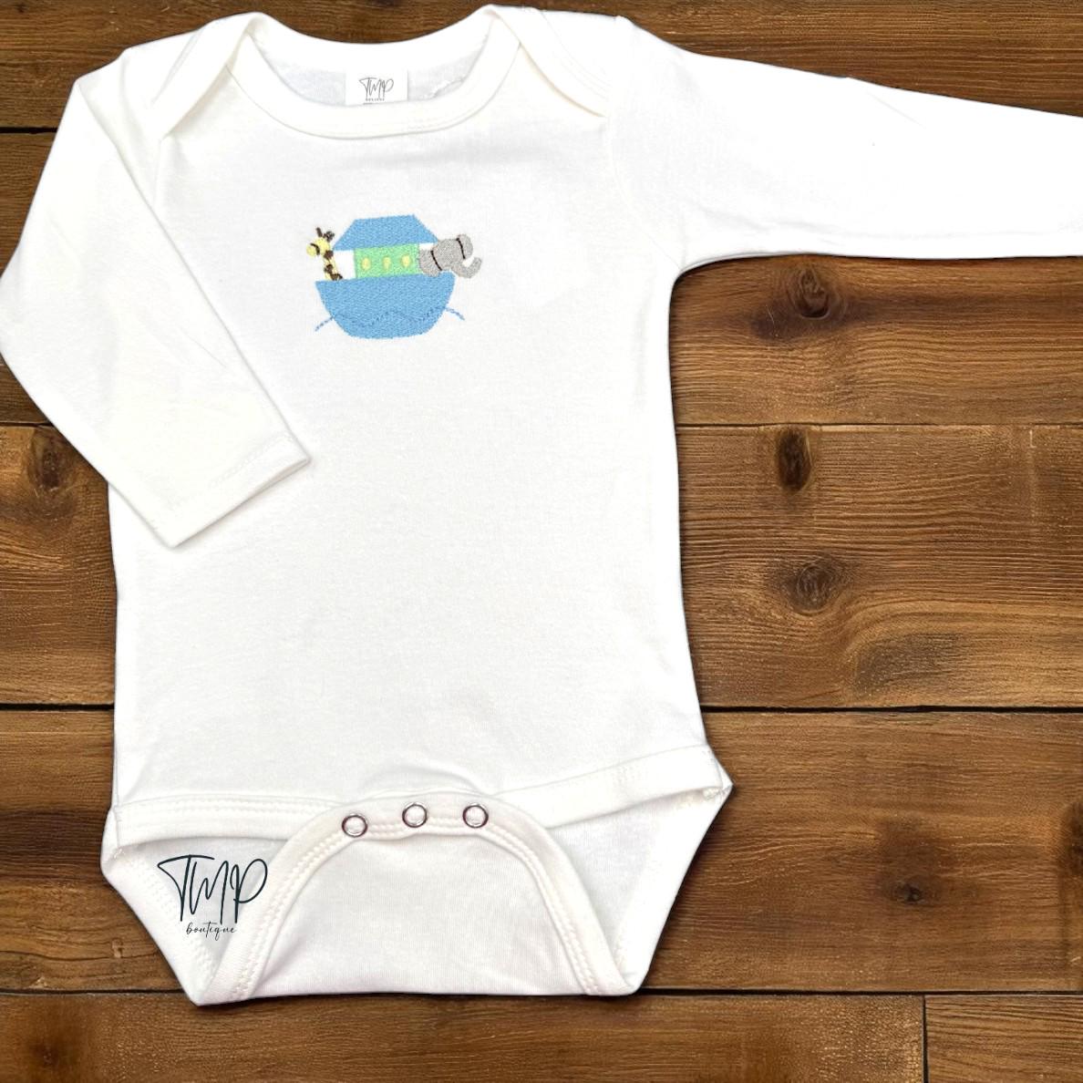 Embroidered Noah's Ark Baby Bodysuit: Personalized Coming Home Outfit