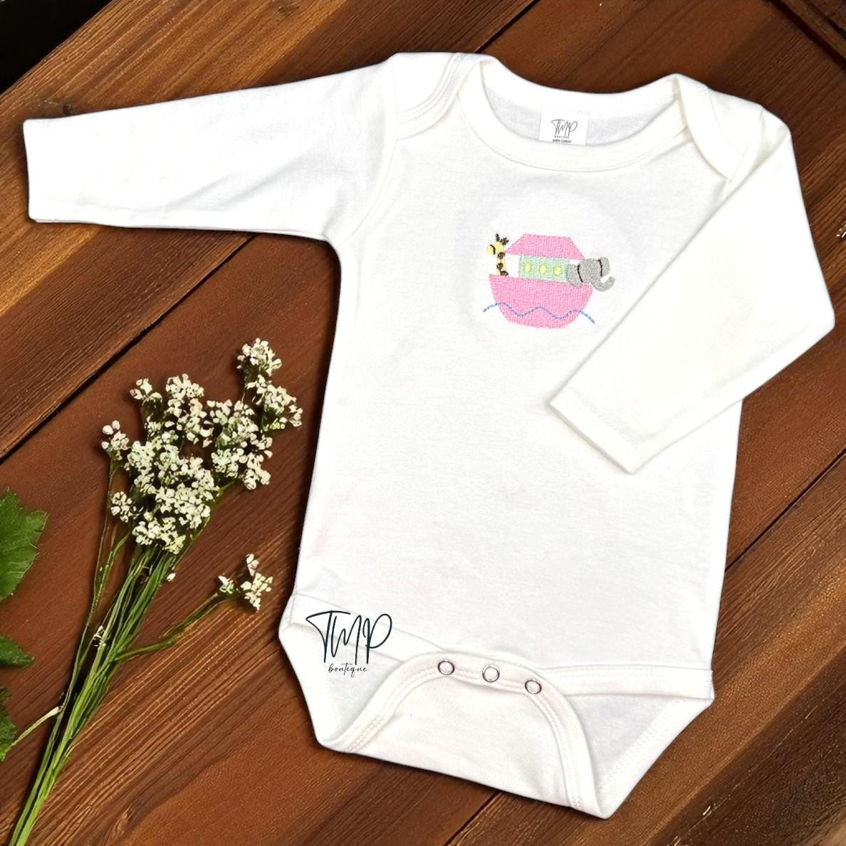 Embroidered Noah's Ark Baby Bodysuit, Personalized Cotton, Long Sleeve