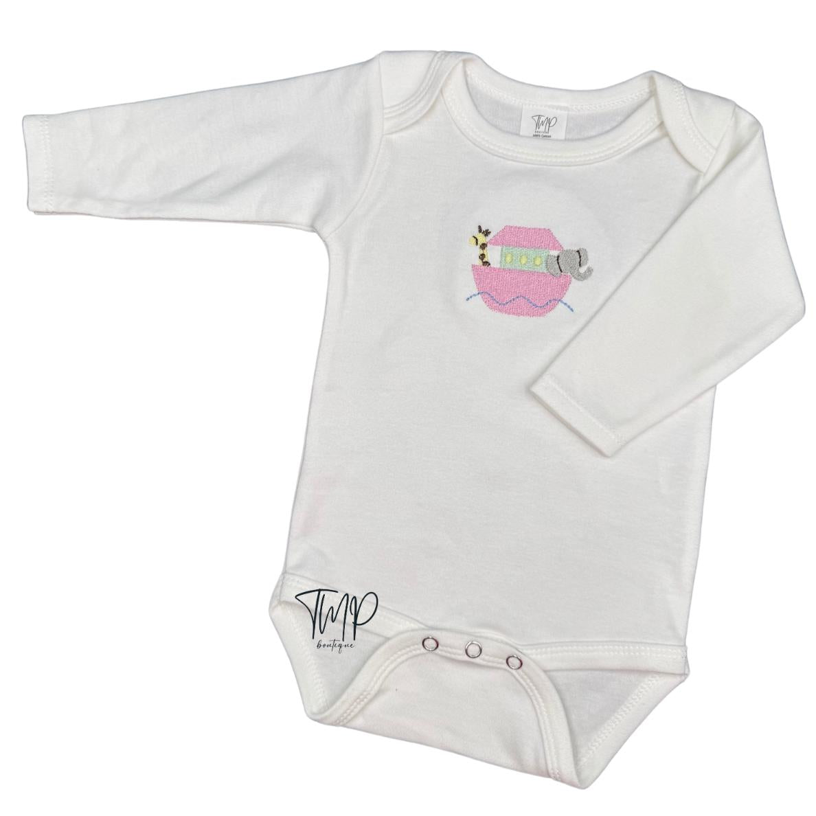 Embroidered Noah's Ark Baby Bodysuit, Personalized Cotton, Long Sleeve