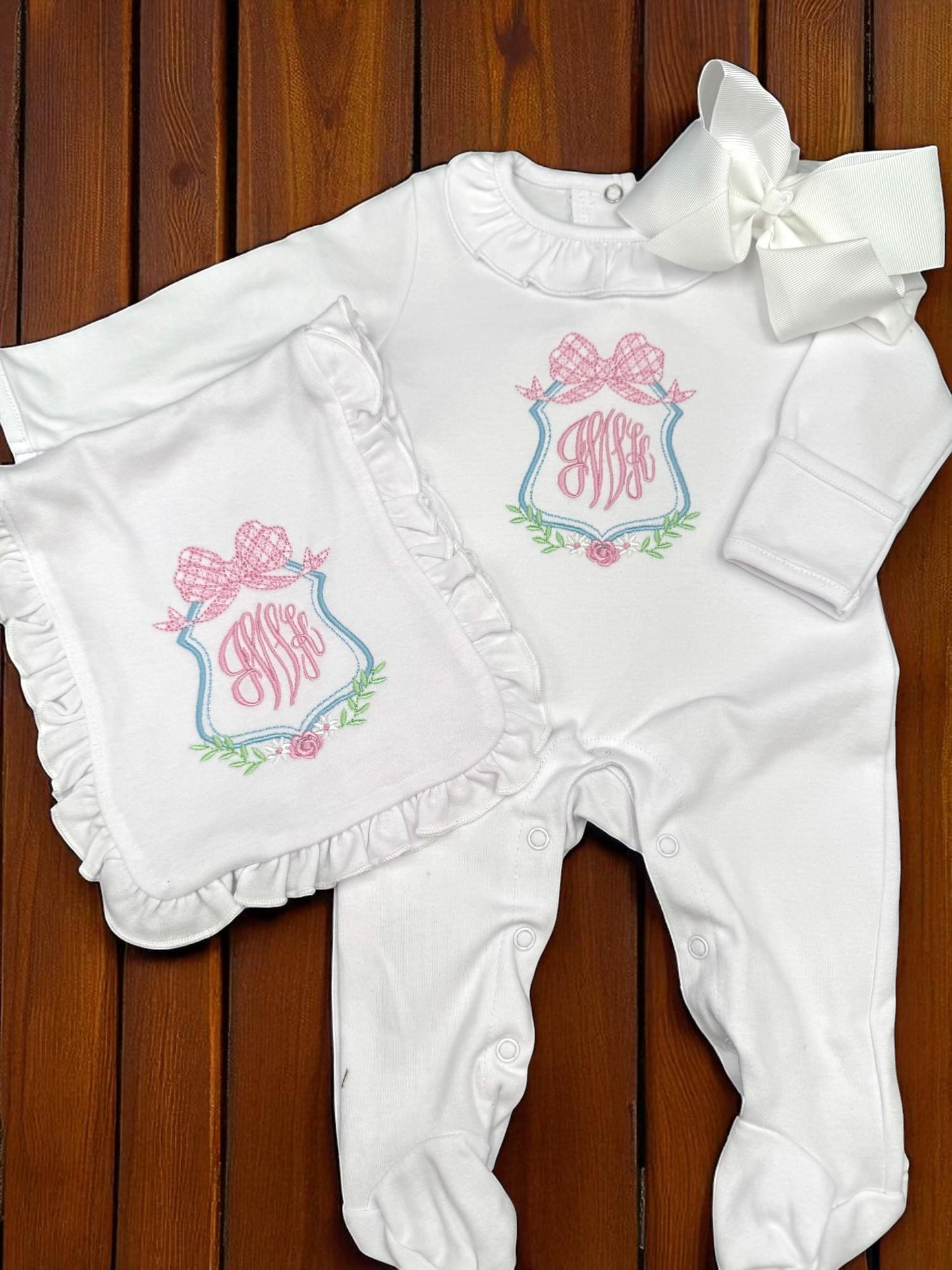 Personalized Newborn Footie: Floral Monogram, White Cotton Knit
