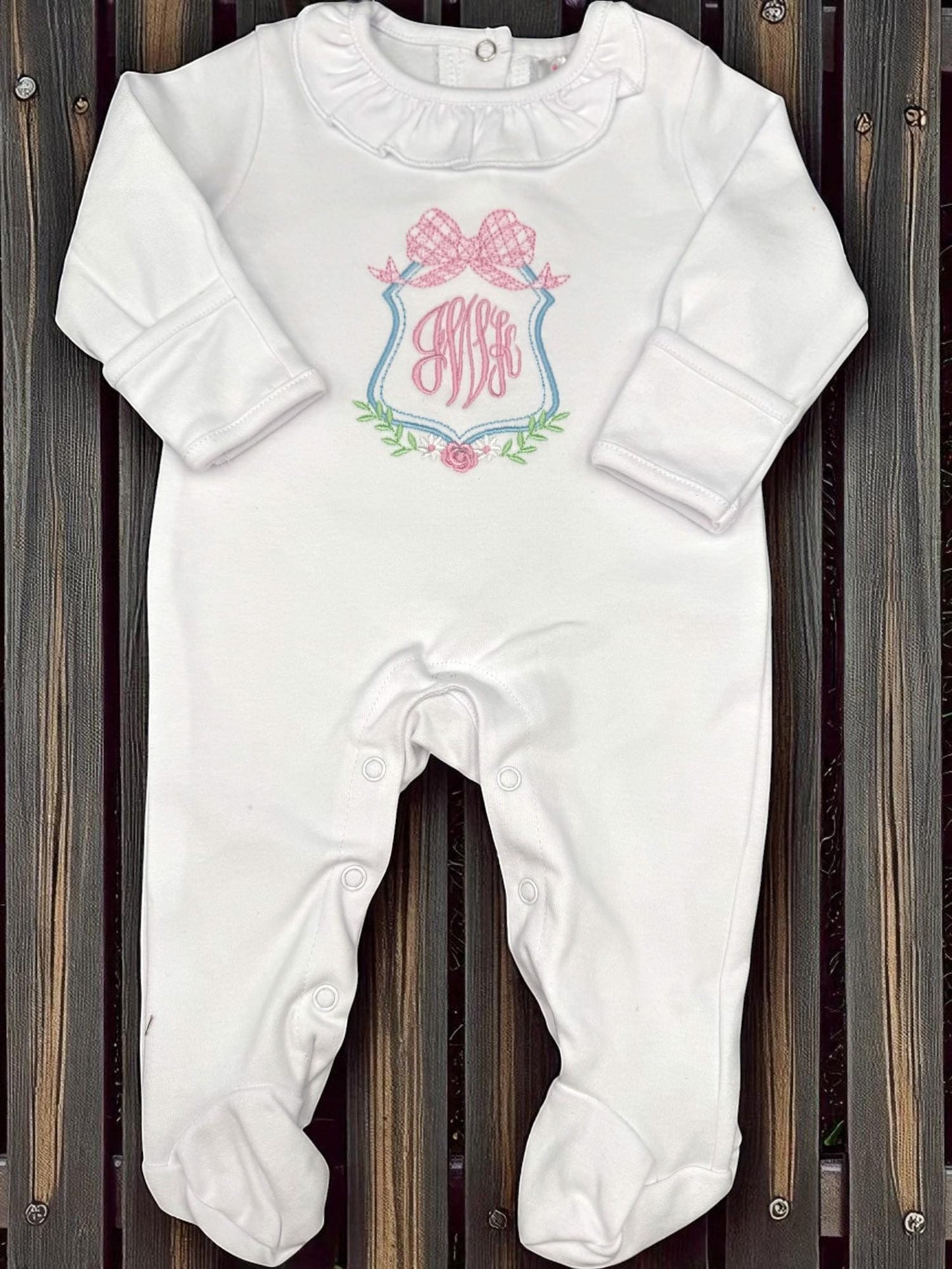 Personalized Newborn Footie: Floral Monogram, White Cotton Knit