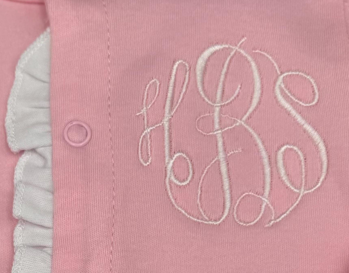 Monogrammed Baby Girl Footie: Pink Ruffle Romper, Newborn Outfit