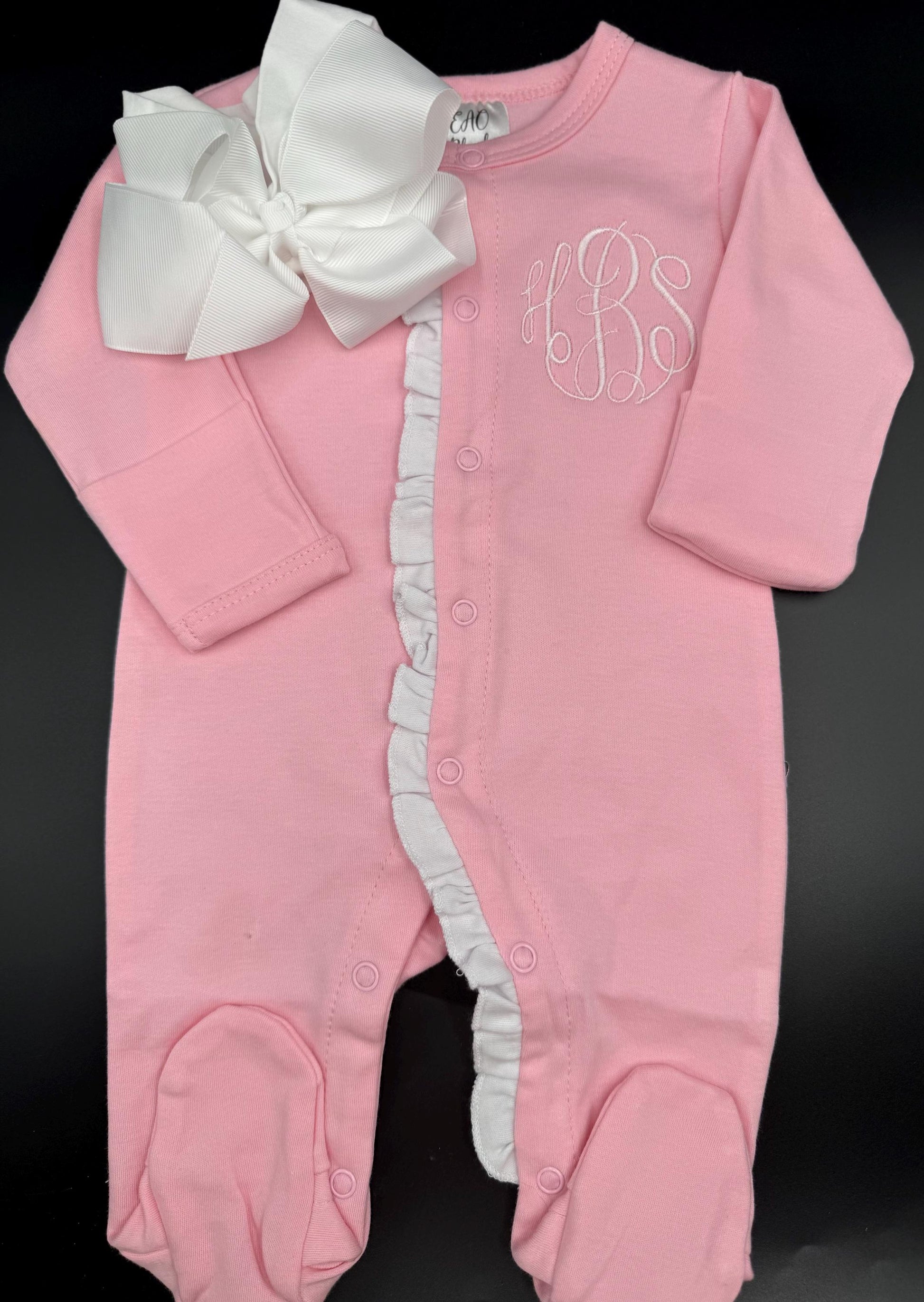 Monogrammed Baby Girl Footie: Pink Ruffle Romper, Newborn Outfit