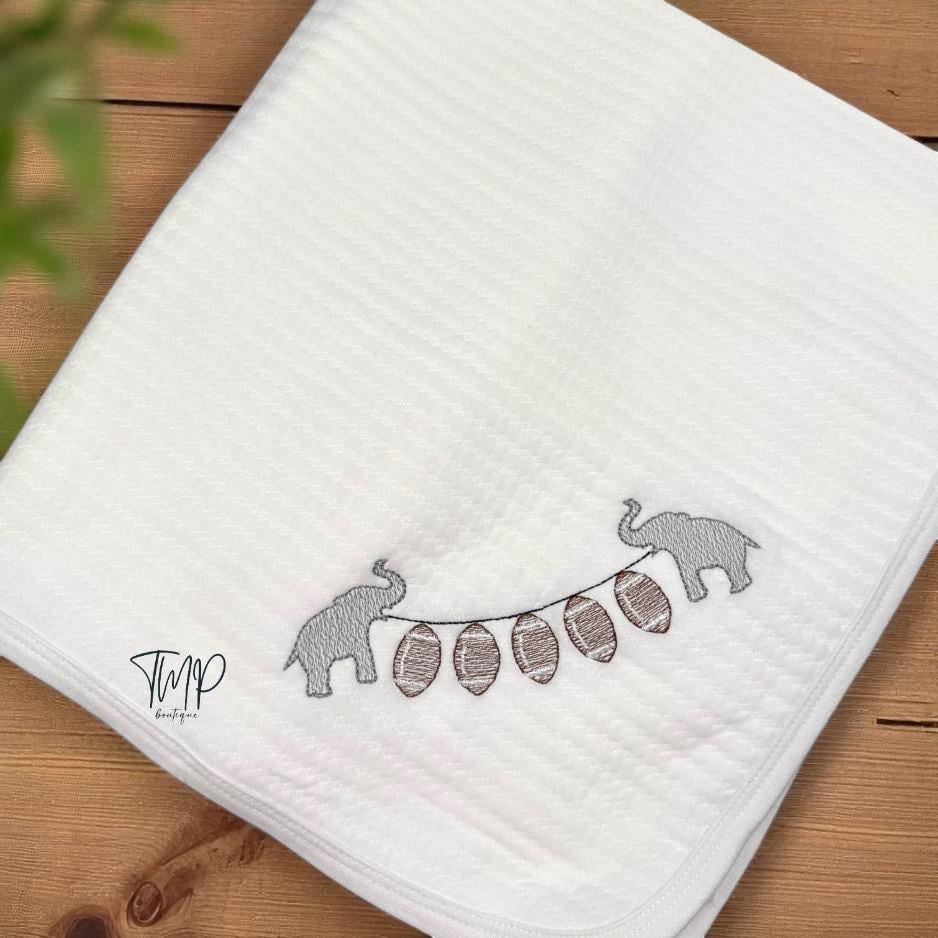 Personalized Elephant Football Baby Set: Blanket, Bib & Burp Pad
