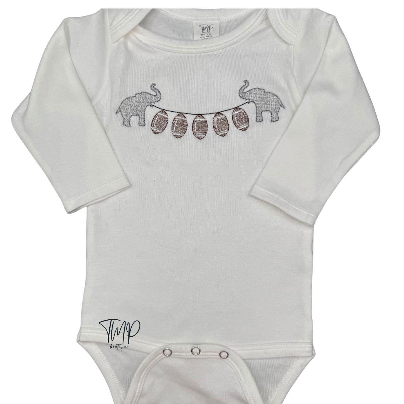 Embroidered Elephant Football Bodysuit: Game Day Outfit, Long Sleeve Cotton