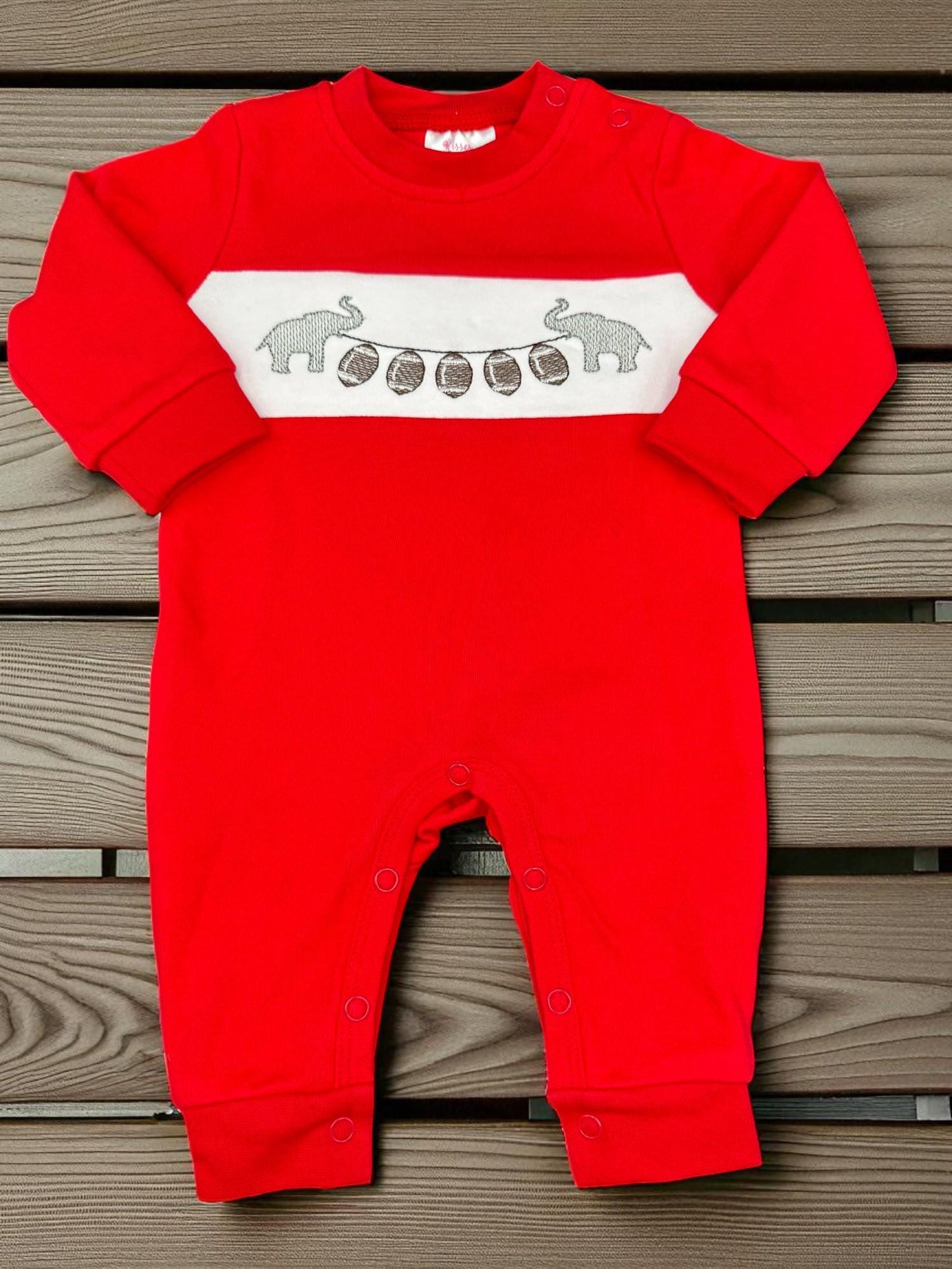 Embroidered Elephant Football Romper: Red Cotton Baby Game Day Outfit