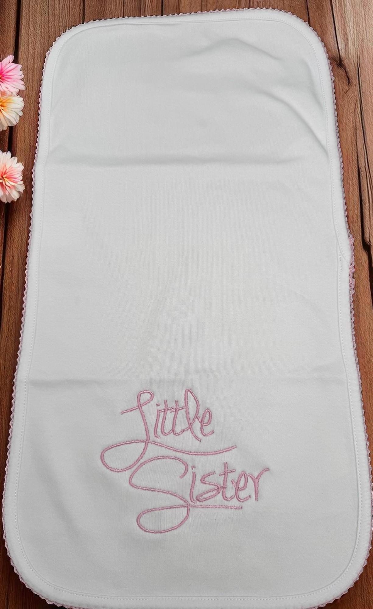 Embroidered Little Sister Outfit: Baby Girl Footie, Bib & Burp Cloth