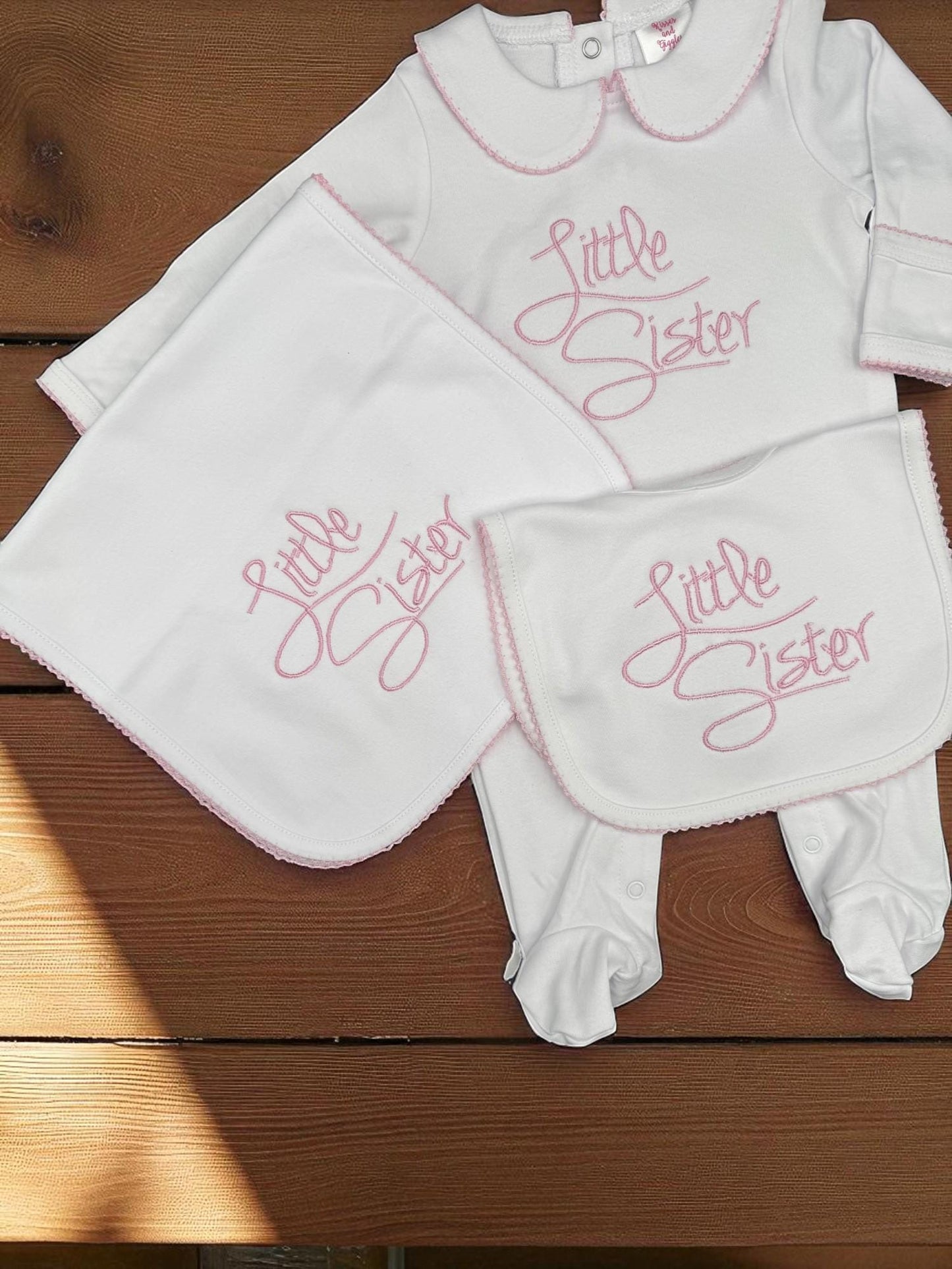Embroidered Little Sister Outfit: Baby Girl Footie, Bib & Burp Cloth