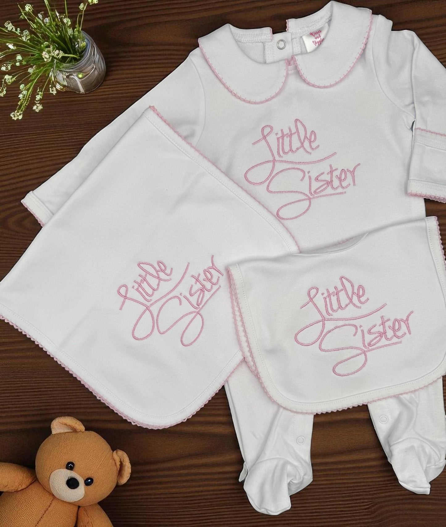 Embroidered Little Sister Outfit: Baby Girl Footie, Bib & Burp Cloth