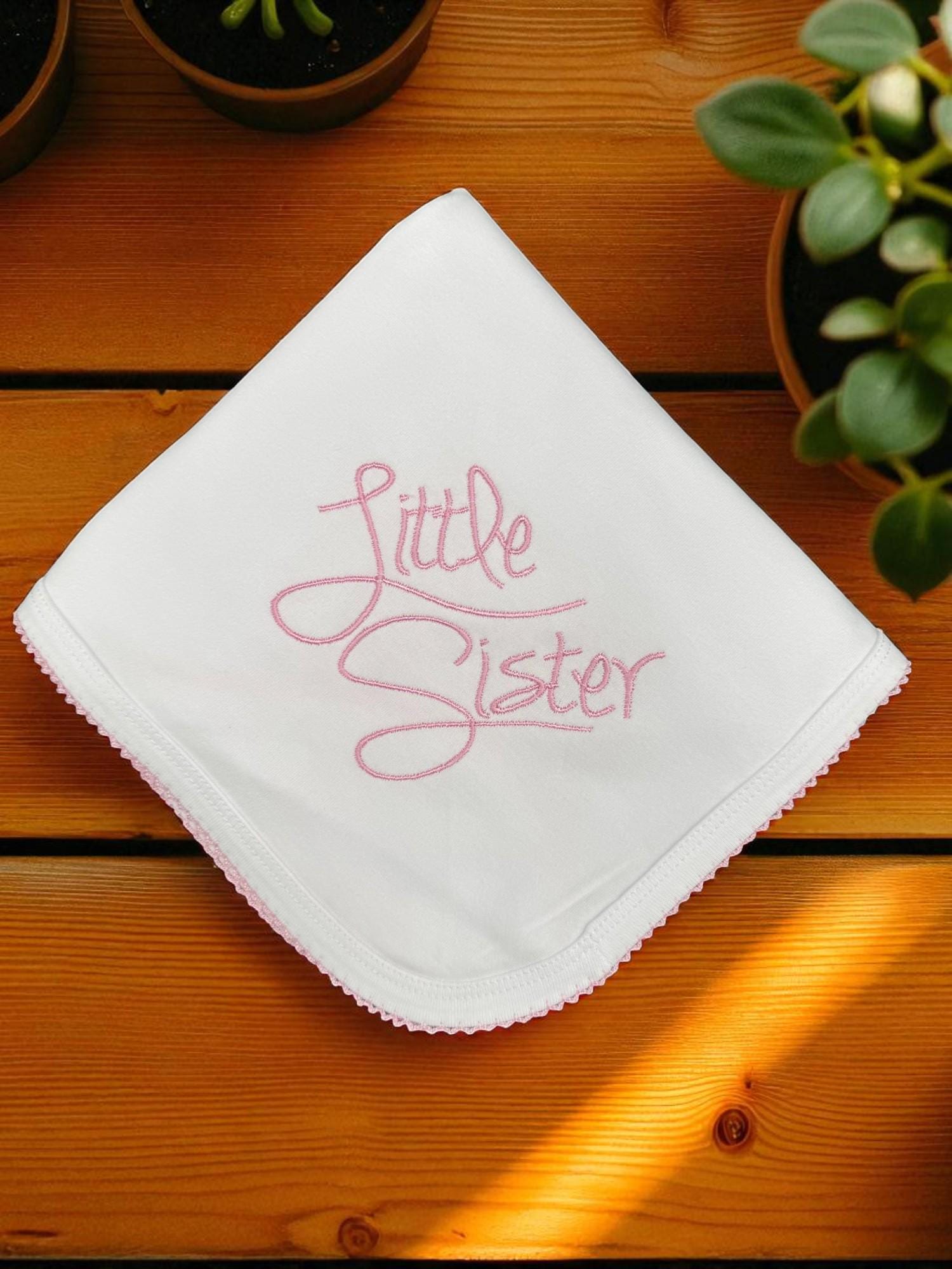 Embroidered Little Sister Outfit: Baby Girl Footie, Bib & Burp Cloth