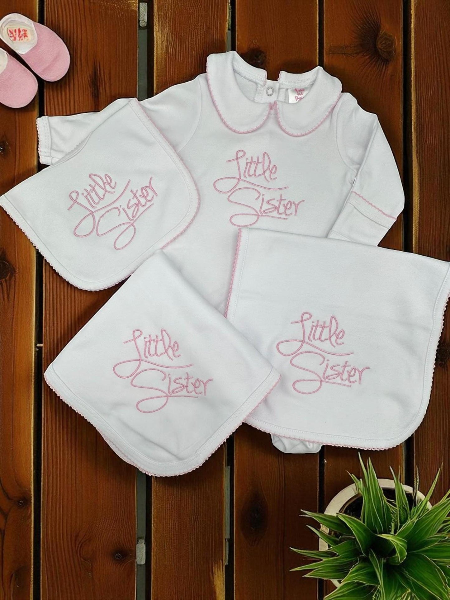 Embroidered Little Sister Outfit: Baby Girl Footie, Bib & Burp Cloth