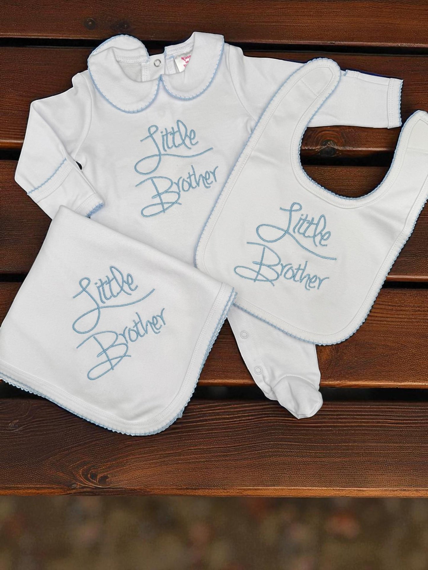 Newborn Boy, Little Brother Baby Boy Romper | White Footie with Blue Embroidery | Peter Pan Collar Coming Home Outfit | Newborn Gift Boy