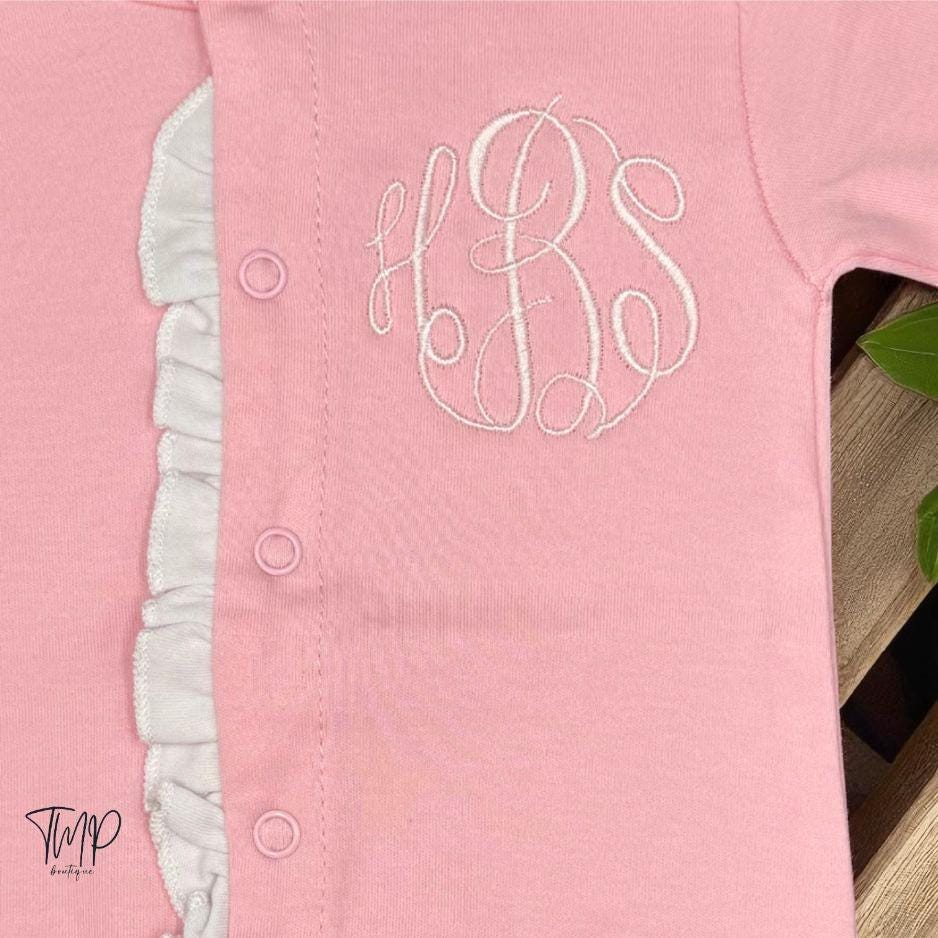 Monogrammed Baby Girl Footie: Pink Ruffle Romper, Newborn Outfit