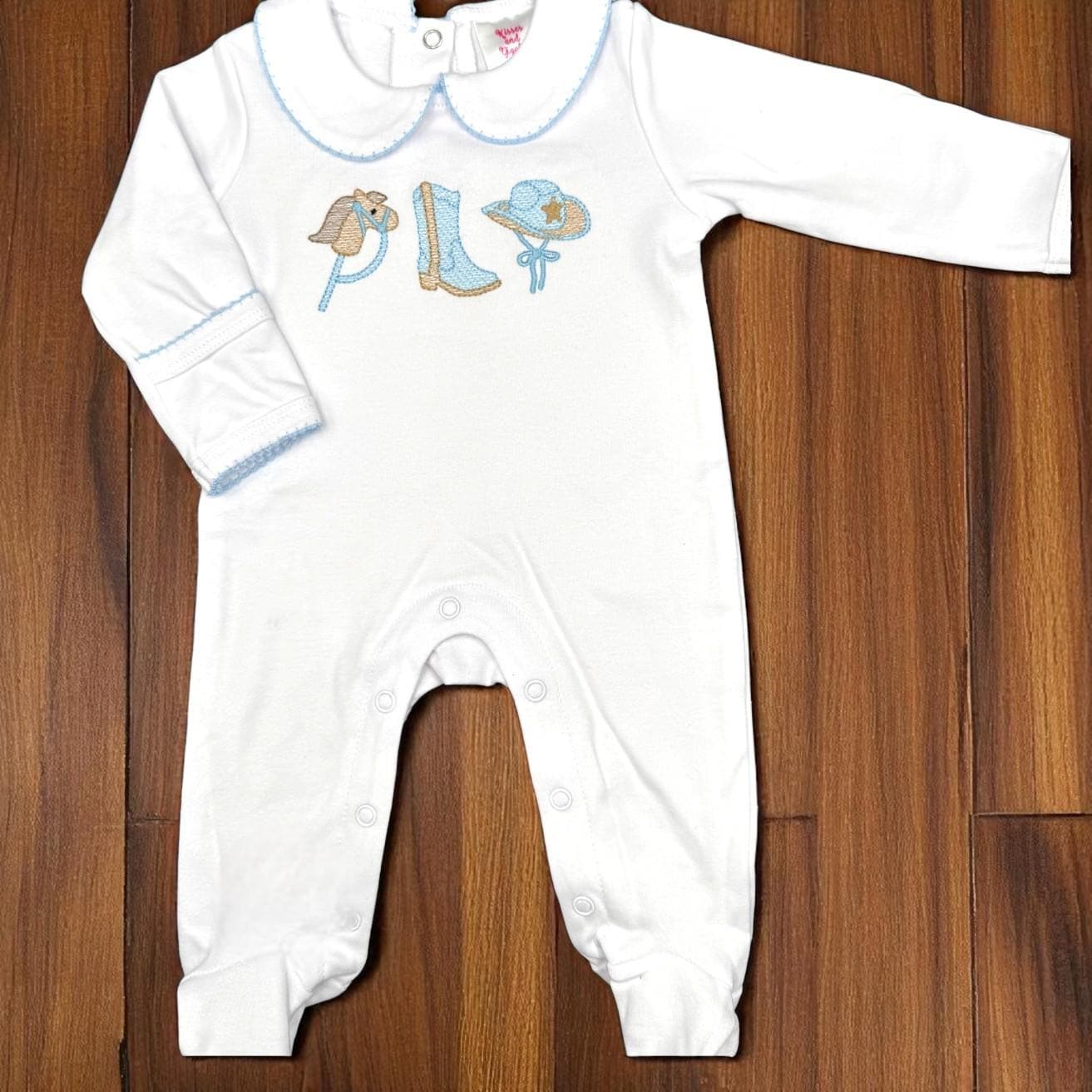 Cowboy Embroidered Baby Footie Set: Pima Cotton, Blue Trim, Personalized