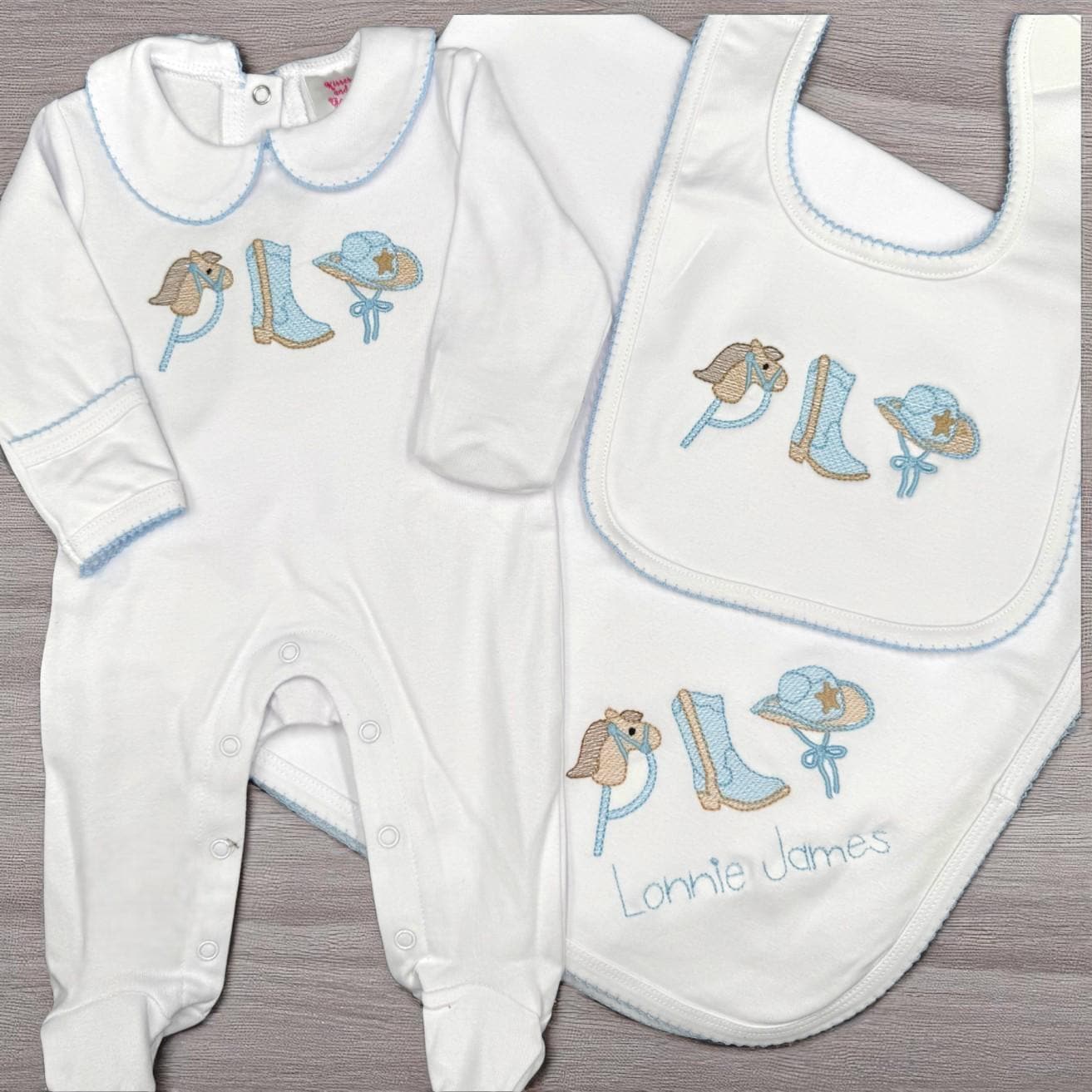Cowboy Embroidered Baby Footie Set: Pima Cotton, Blue Trim, Personalized