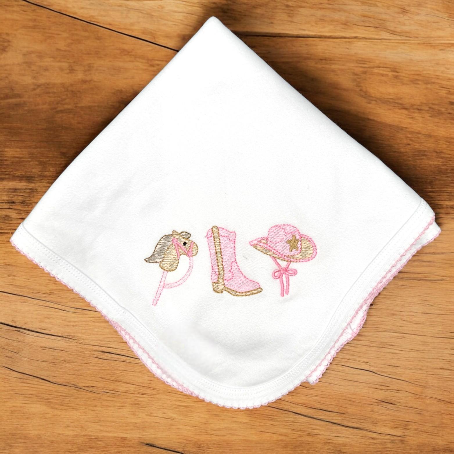 Embroidered Cowgirl Baby Set: Pima Cotton Footie, Bib & Blanket
