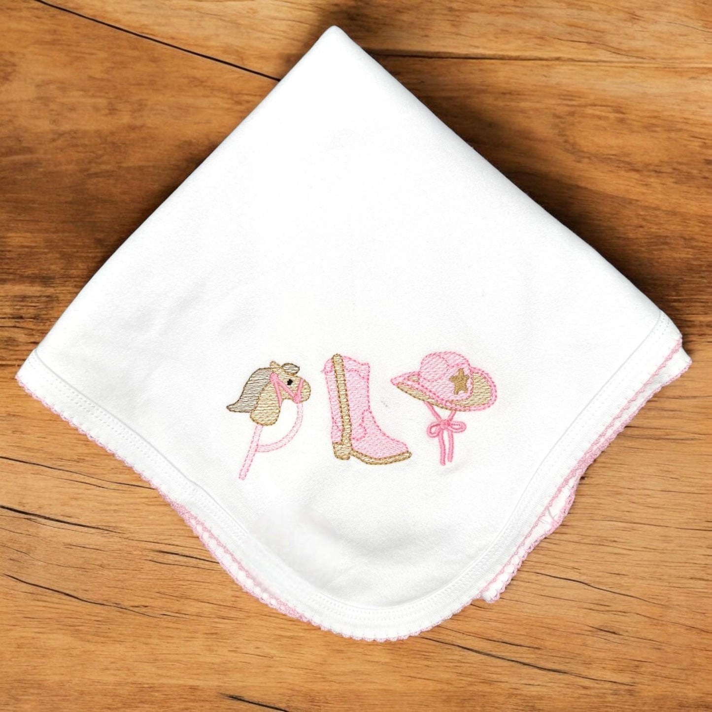 Embroidered Cowgirl Baby Set: Pima Cotton Footie, Bib & Blanket