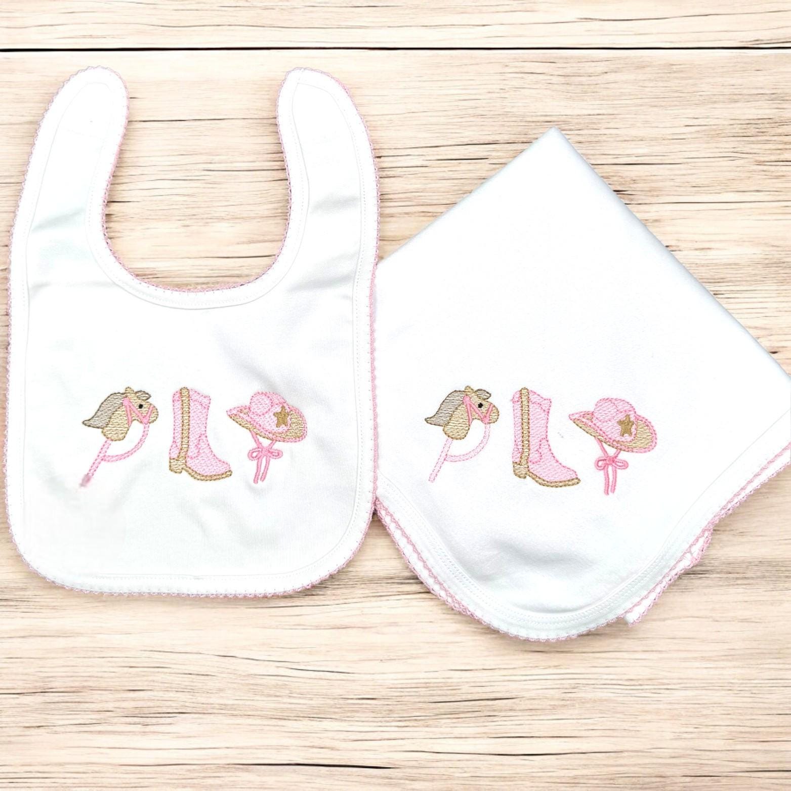 Embroidered Cowgirl Baby Set: Pima Cotton Footie, Bib & Blanket