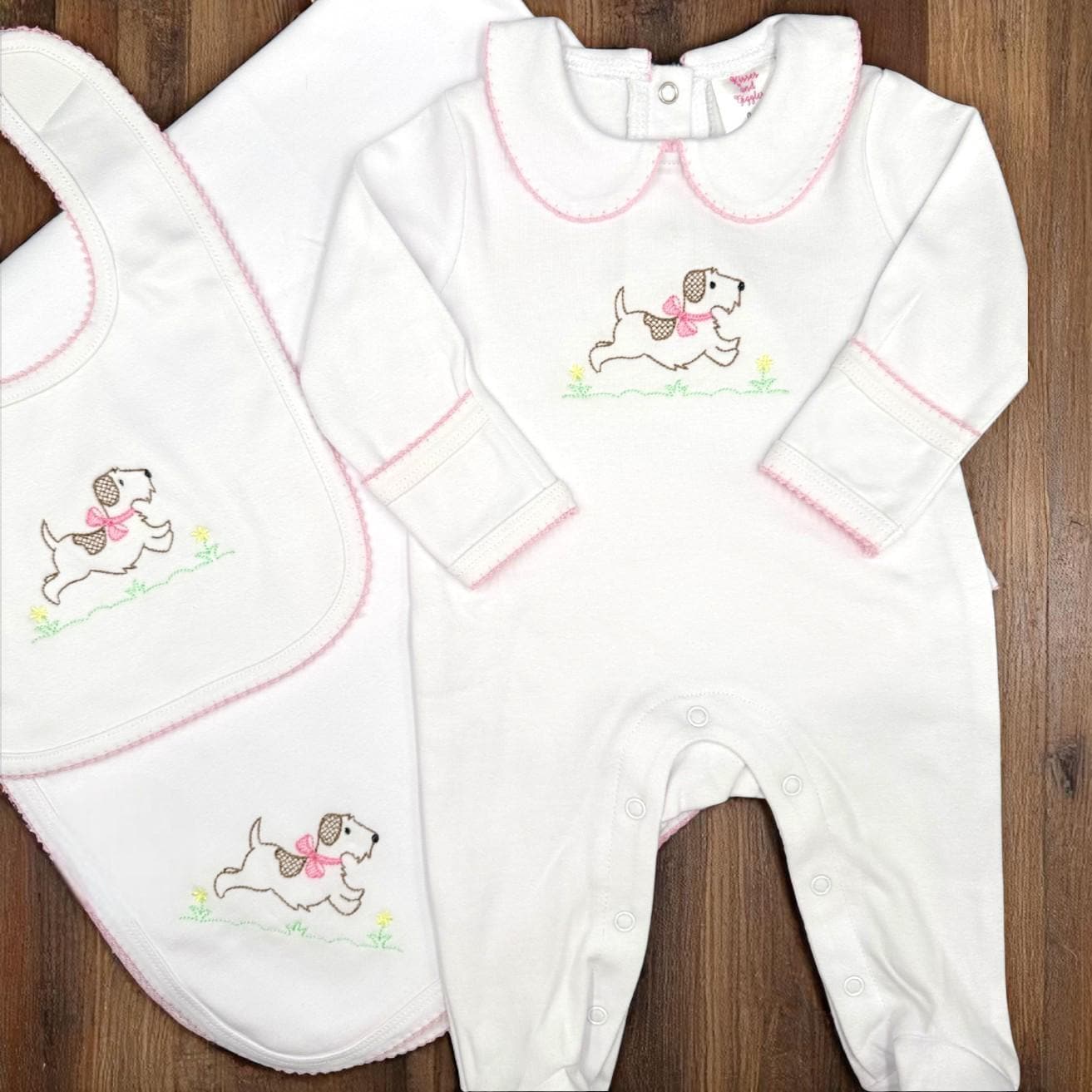 Embroidered Puppy Footie Coming Home Outfit: Personalized Pima Cotton Baby Set