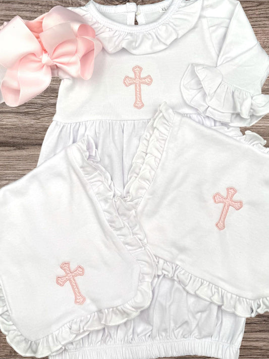 Embroidered Baby Girl Christening Gown Set: Ruffle Gown, Bib, Burp Cloth & Headband