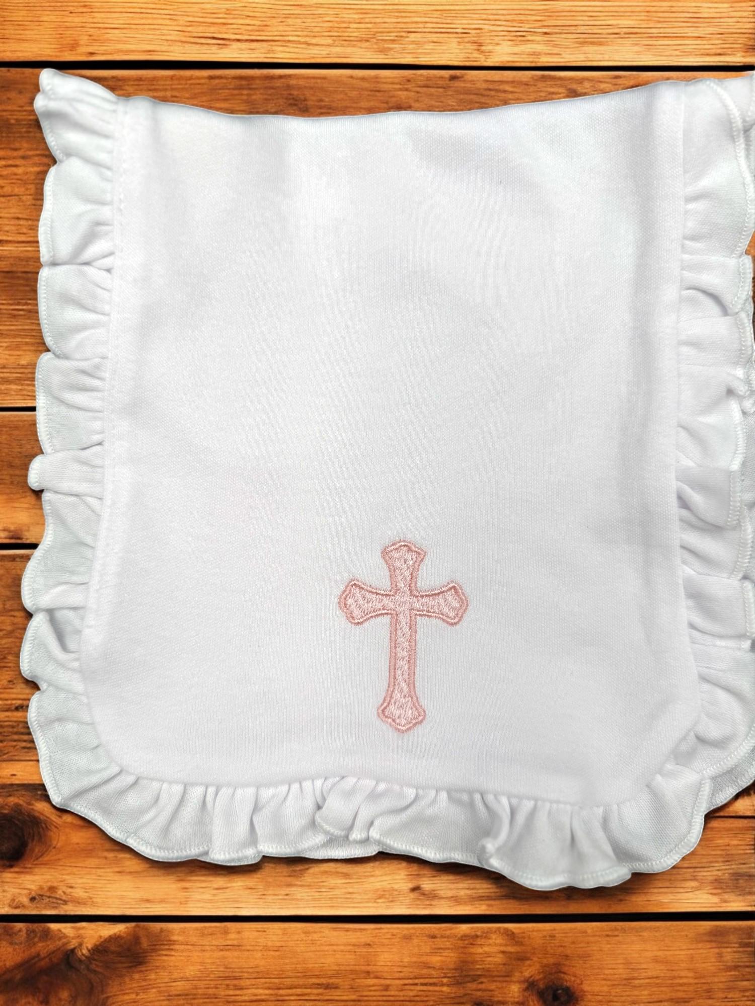Embroidered Baby Girl Christening Gown Set: Ruffle Gown, Bib, Burp Cloth & Headband