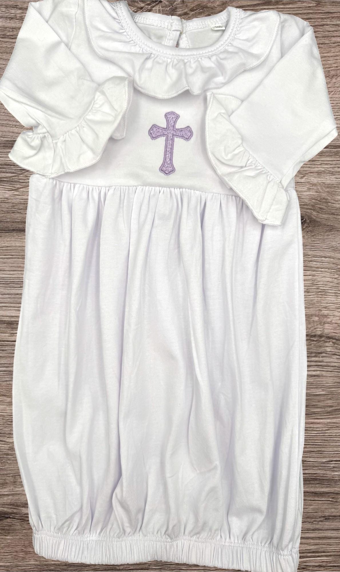 Embroidered Christening Gown Set: Preemie Ruffle Gown, Bib, Burp Cloth & Headband