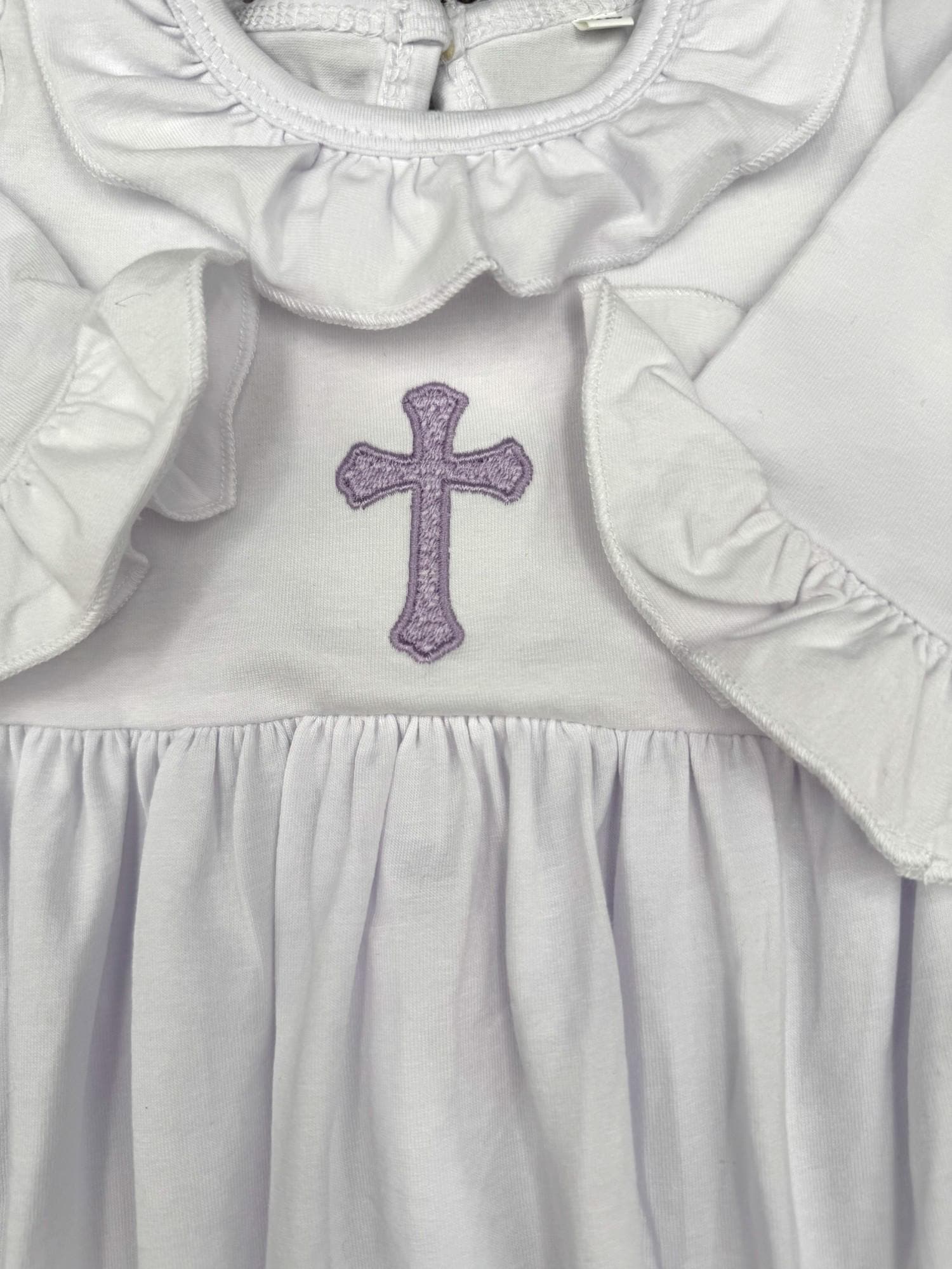 Embroidered Christening Gown Set: Preemie Ruffle Gown, Bib, Burp Cloth & Headband