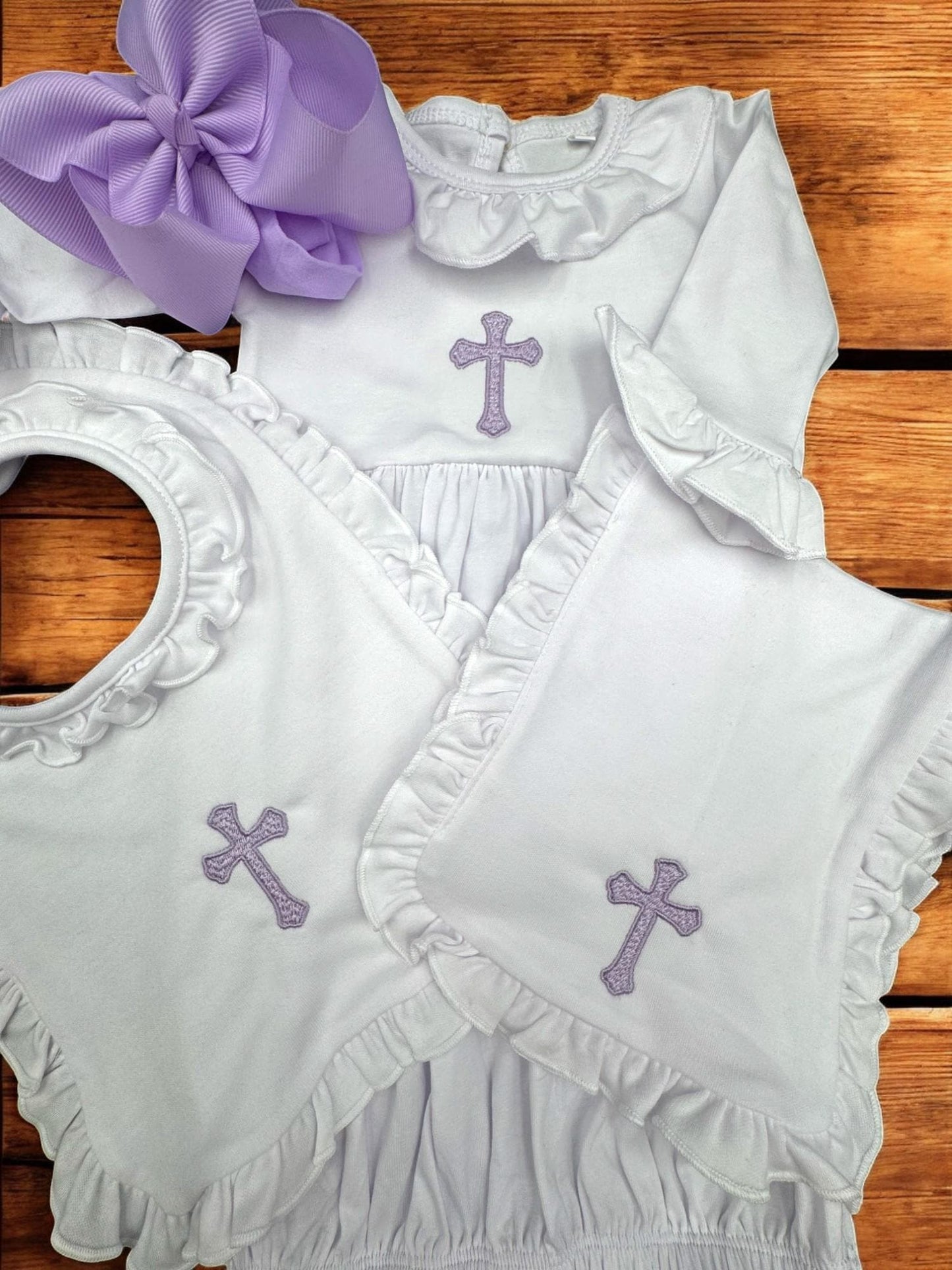 Embroidered Christening Gown Set: Preemie Ruffle Gown, Bib, Burp Cloth & Headband