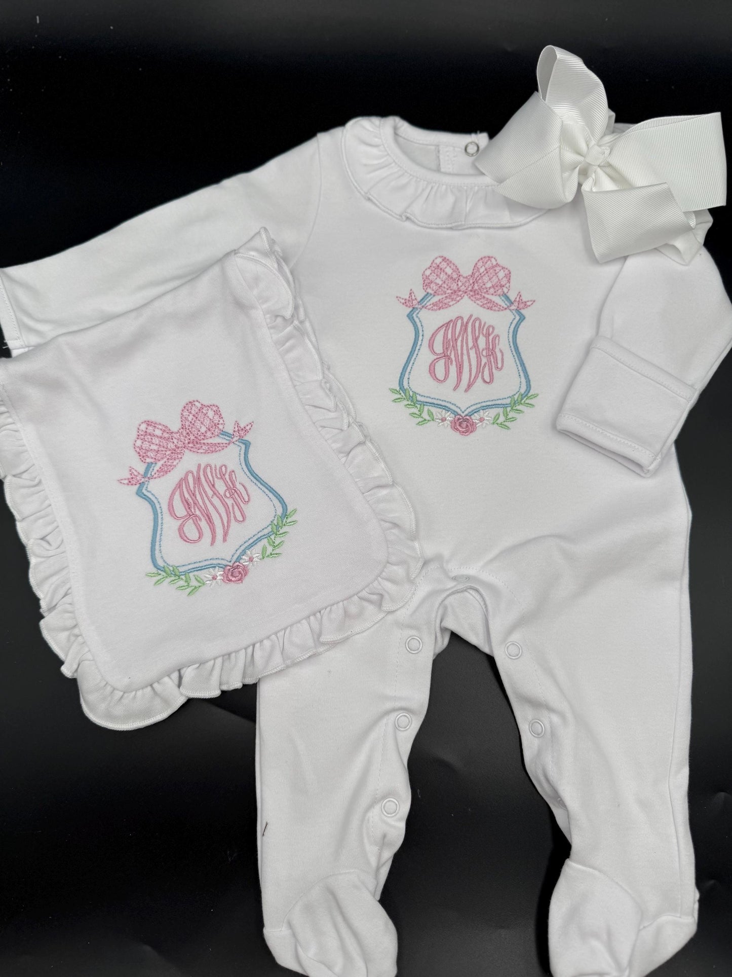 Personalized Newborn Footie: Floral Monogram, White Cotton Knit